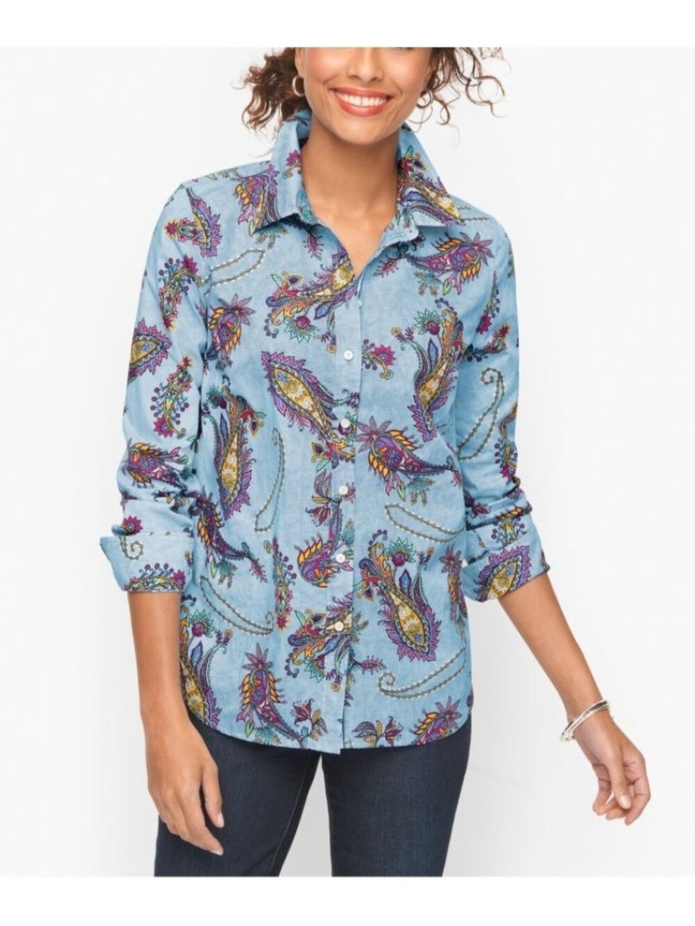 Talbots Petite Swirly Paisley Cotton Button Front Shirt Blue Medium Petite